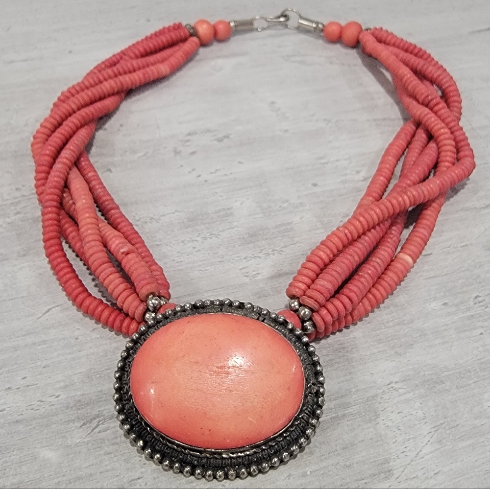 Vintage Boho Coral Multi Strand Beaded Torsade Necklace Tropical Earthy - Picture 3 of 17